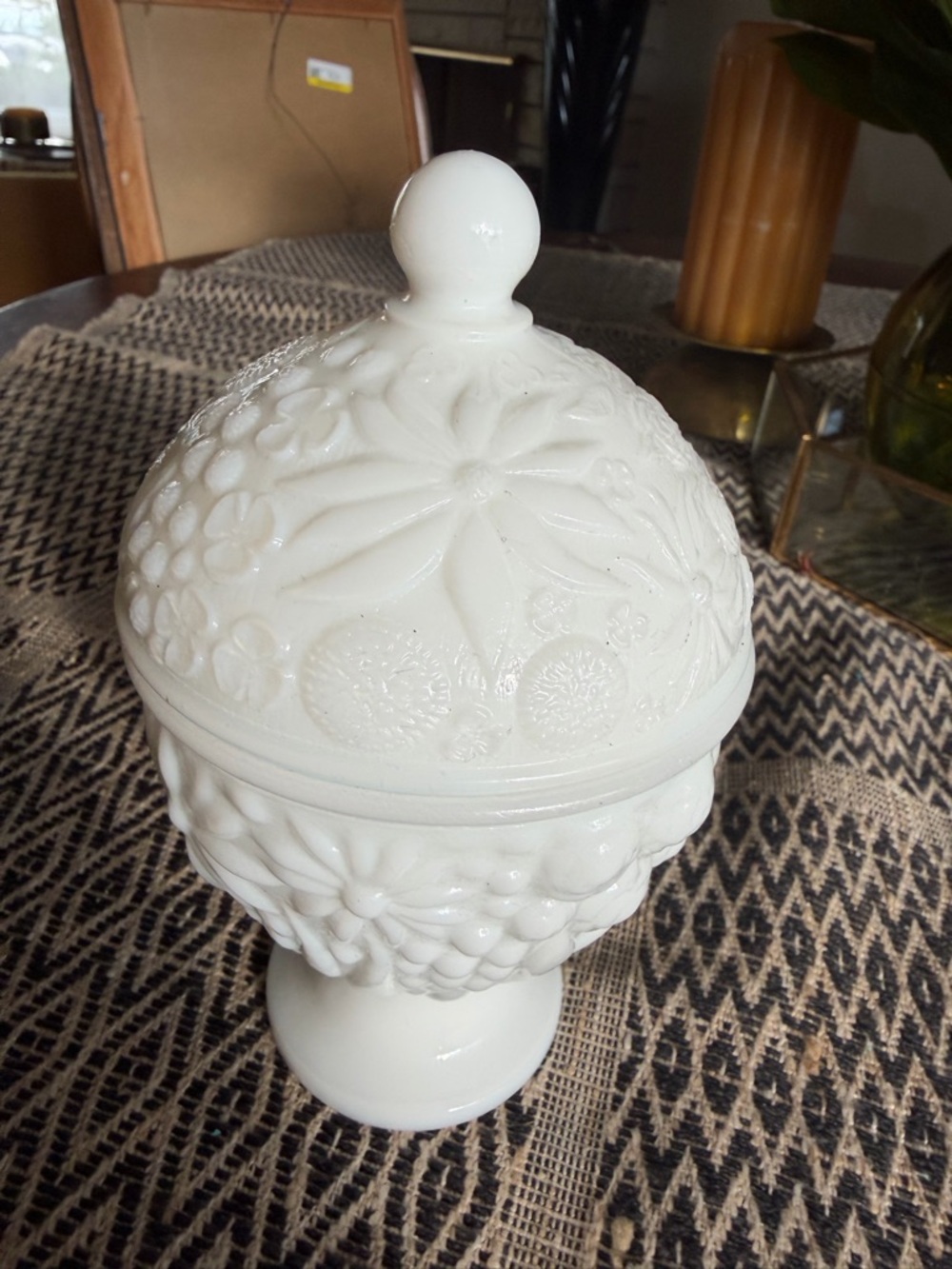 White Milk Glass Covered Compote with Floral Motif